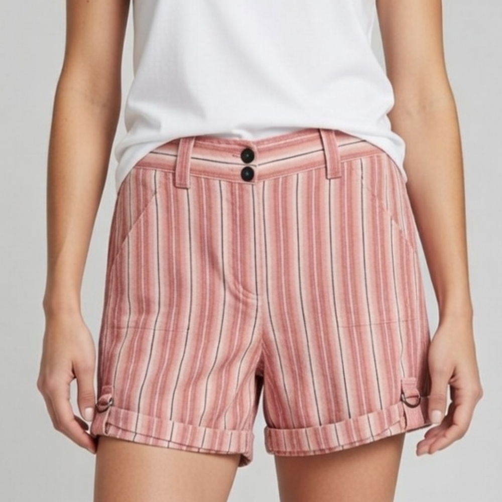 Chico's Bella Zimmie Striped Linen Blend Bermuda Shorts Pink Coral Size 2